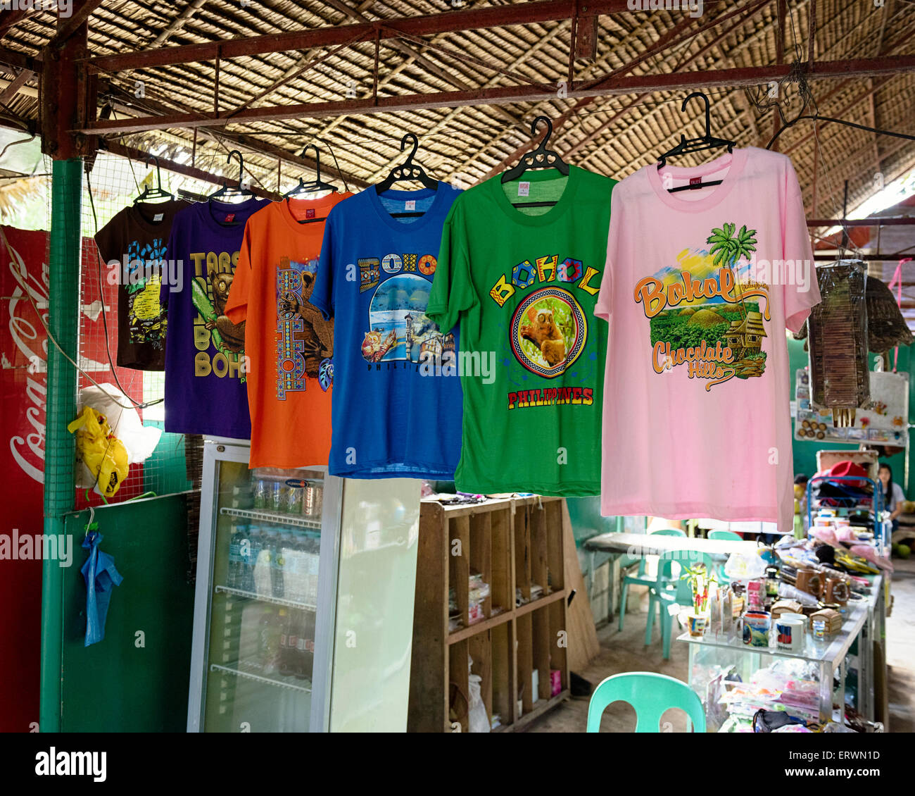 T-shirt with `Bohol` themed graphics in a Souvenir shop at the Tarsier Conservation Area in Lobol, Bohol Stock Photo